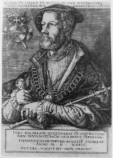 An engraving of Bockelson holding a scroll which according to occult teachings is a signification of one being a member of the mystery schools.