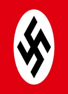 The flag of the National Socialists of Germany containing the swastika which is an ancient symbol for the sun. It sits in a white circle on a red background which also represents the sun.